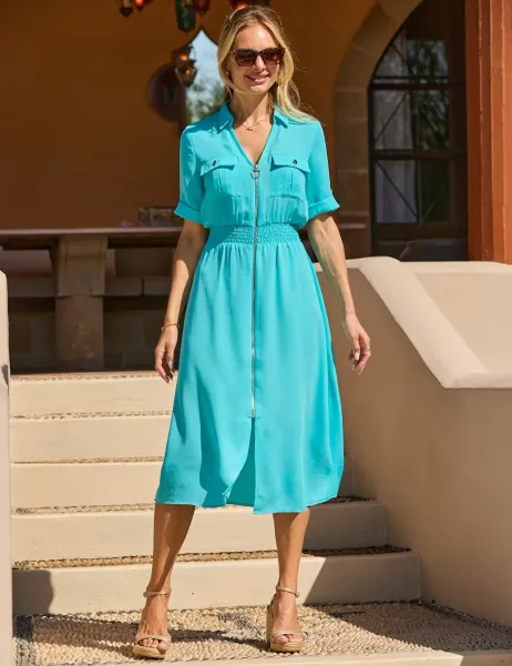 SOSANDAR Shirred Waist Zip Front Midi Shirt Dress Blue