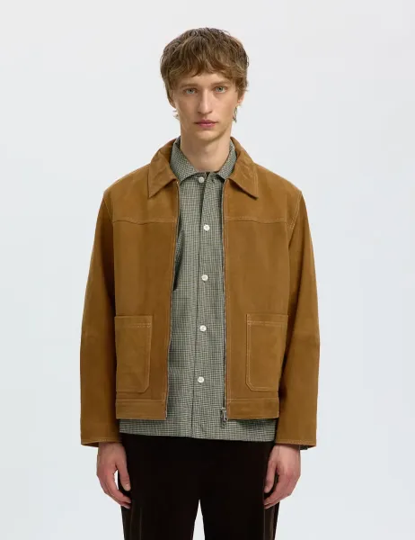 Selected Suede Collared Zip Up Jacket Tan