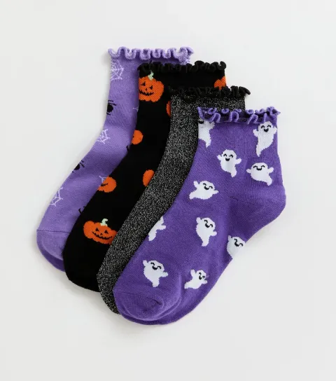 Multicolour Pack of 4 Halloween Patterned Frill Ankle Socks