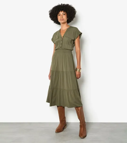 Women's Dark Khaki Tiered Midaxi Dress