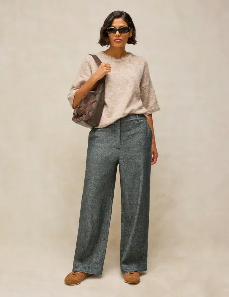 White Stuff Belle Cotton Rich Herringbone Wide Leg Trousers Grey Mix