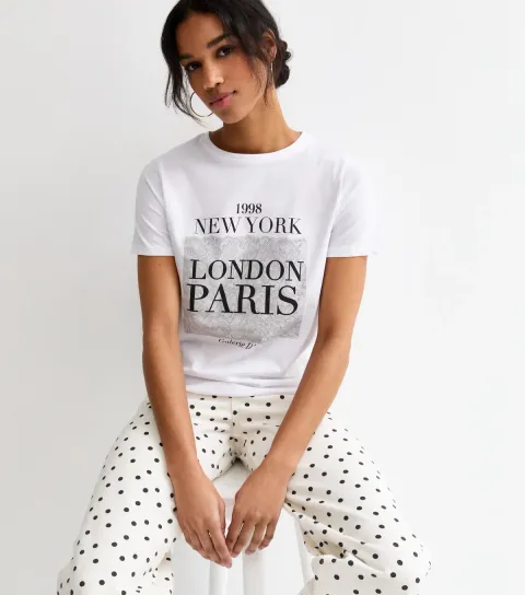 Women's White Cotton London Paris Logo T-Shirt