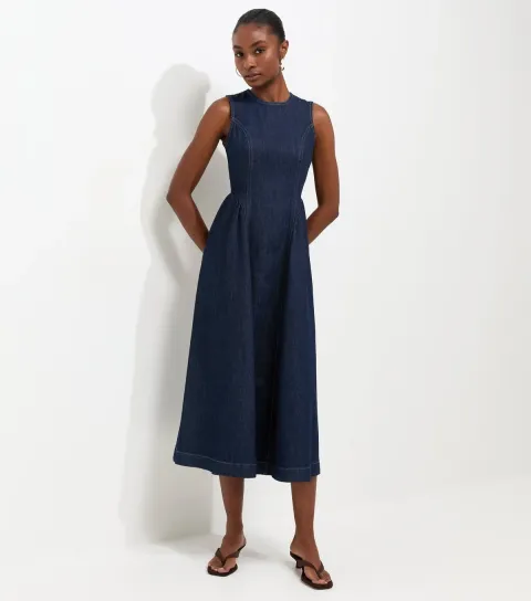Women's Navy Cotton Sleeveless Denim Midi Dress