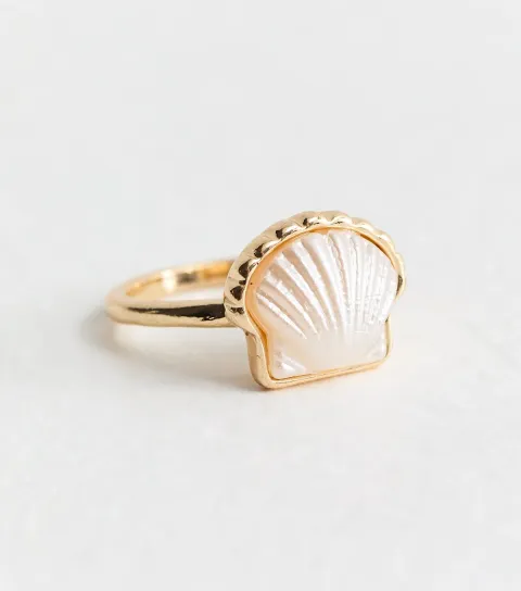 Gold Tone Faux Pearl Shell Ring