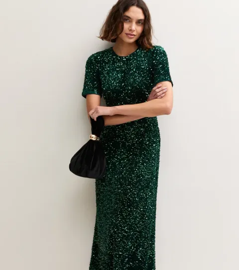 New Look Women's Tall Dark Green Sequin Short Sleeve Midi Dress