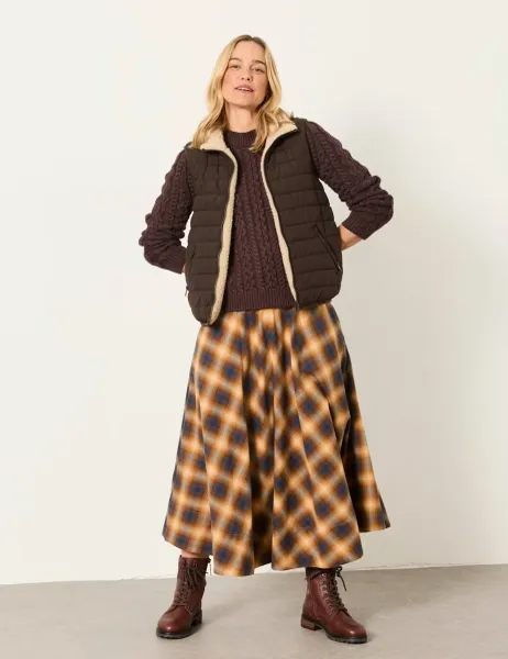 FatFace Pure Cotton Checked Midi A-Line Skirt Brown Mix