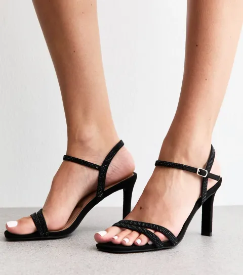 Women's Black Strappy Embellished Open Toe Stiletto Heel Sandals Vegan