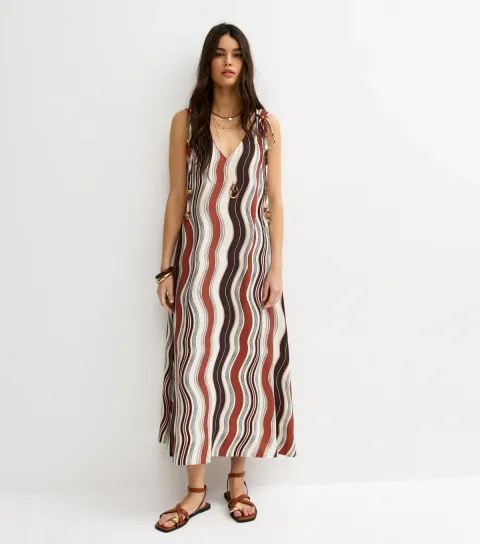 Women's Brown Wavy Print Ruched Shoulder Smock Midi Dress