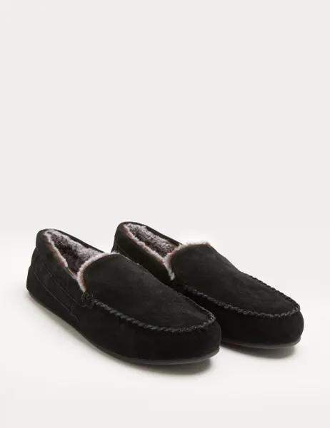 Marks & Spencer Suede Fleece Lined Moccasin Slippers Black