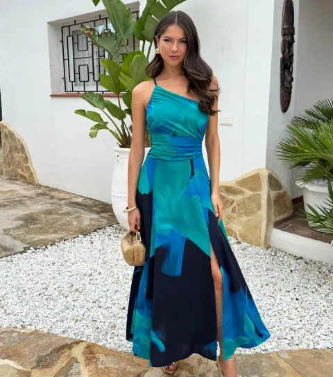 Women's Navy 1 Shoulder Ruched Waist Midi Dress
