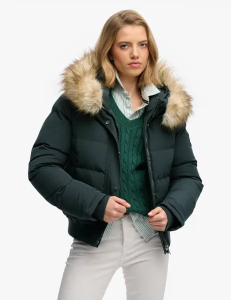 Superdry & Co Faux Fur Trim Padded Hooded Bomber Jacket Green