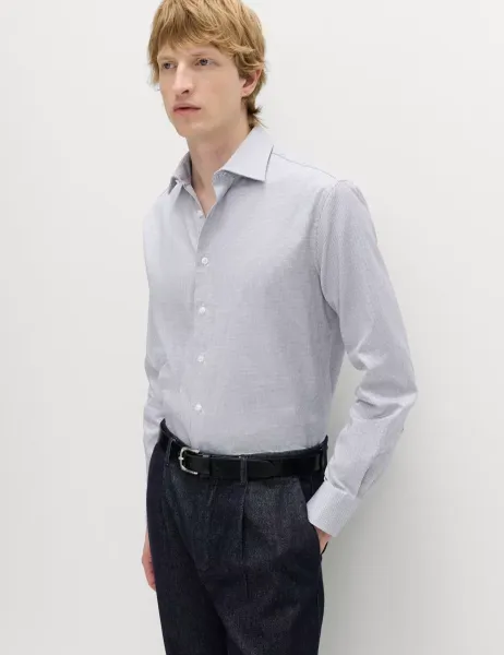 M&S SARTORIAL Luxury Cotton Easy Iron Slim Fit Textured Shirt Dark Ink
