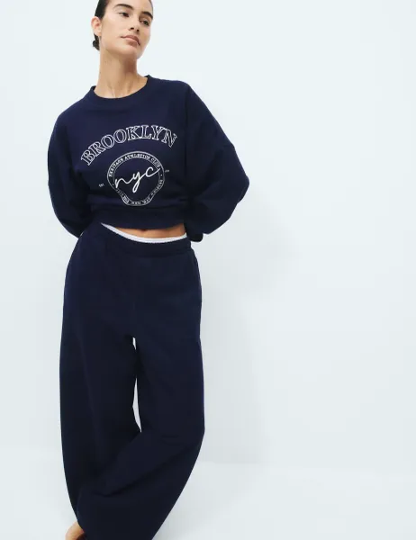 Marks & Spencer Cotton Rich Embroidered Loopback Sweatshirt Navy
