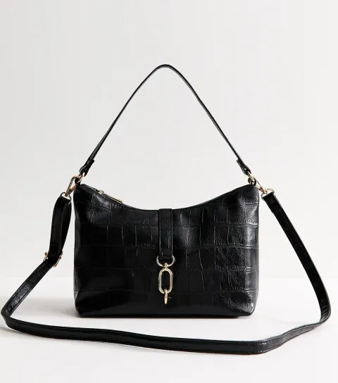 Black Faux Leather Crocodile Embossed Dual Strap Mini Shoulder Bag