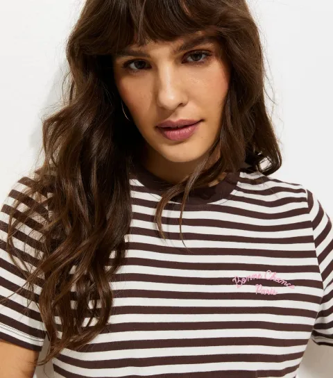 Women's Tall Brown Cotton Striped Bonne Chance Embroidery T-Shirt