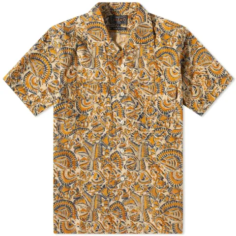 Short Sleeve Open Collar Botanical Block Print S