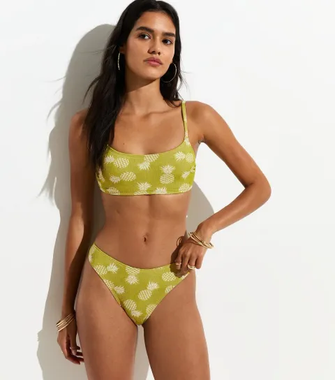 Women's Green Pineapple Jacquard Voop Bikini Bottoms