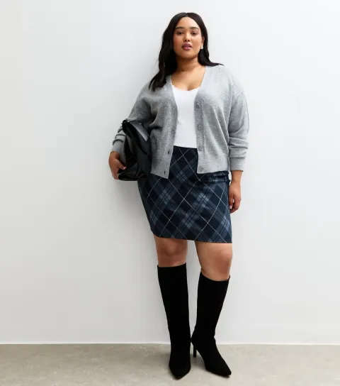 Women's Plus Size Blue Checked Jacquard Tube Skirt Curves