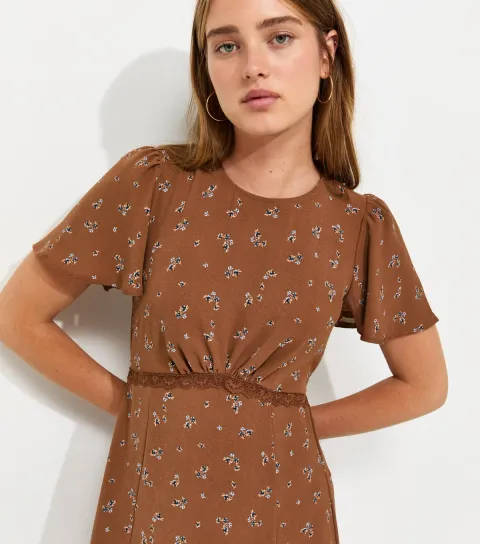 Women's Brown Floral Print Lace Trim Flared Sleeve Midi Dress