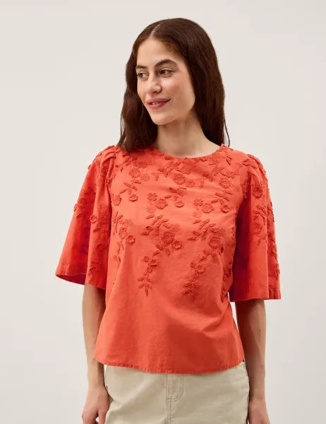 Monsoon Pure Cotton Floral Embroidered Top Orange