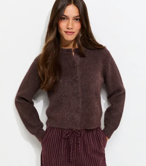 Women's Petite Dark Brown Fluffy Knit Crew Neck Cardigan