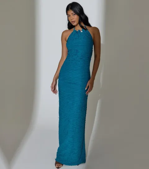 Women's Teal Halter Neck Maxi Dress