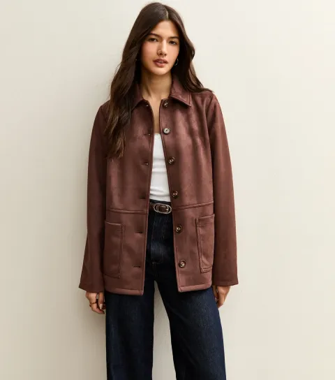 Women's Dark Brown Faux Suede Button Front Jacket