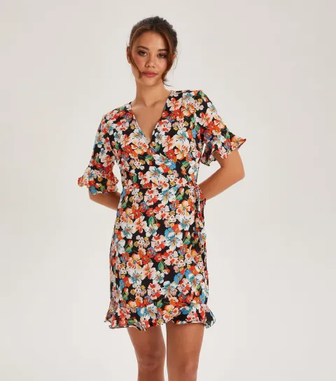 Women's Black Floral Print Wrap Mini Dress