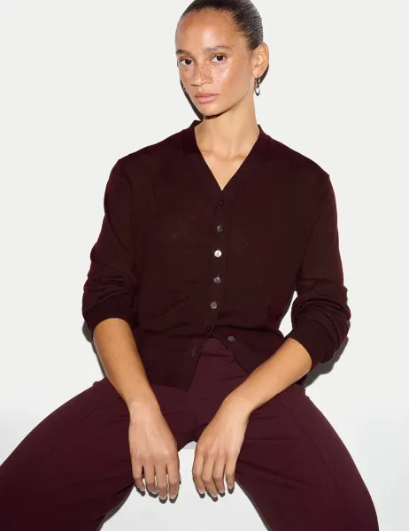 Jigsaw Pure Wool V-Neck Cardigan Burgundy