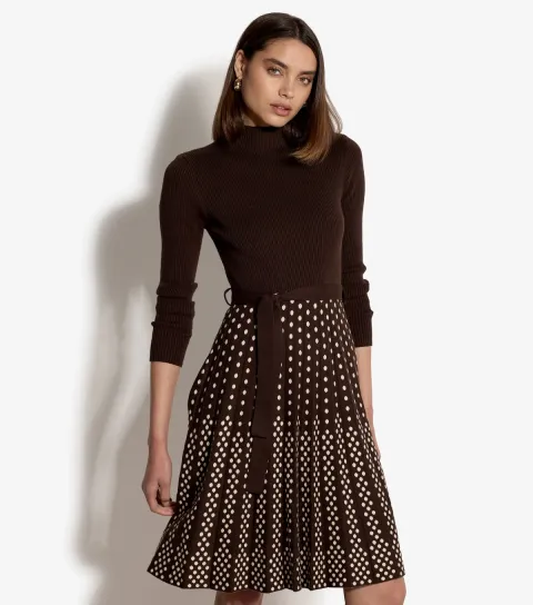 Women's Brown Ribbed Polka Dot Pleated Mini Dress