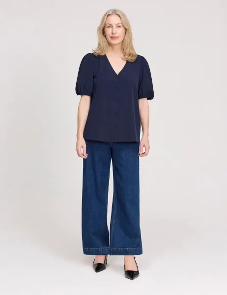 Finery London V-Neck Short Sleeve Button-Through Top Navy