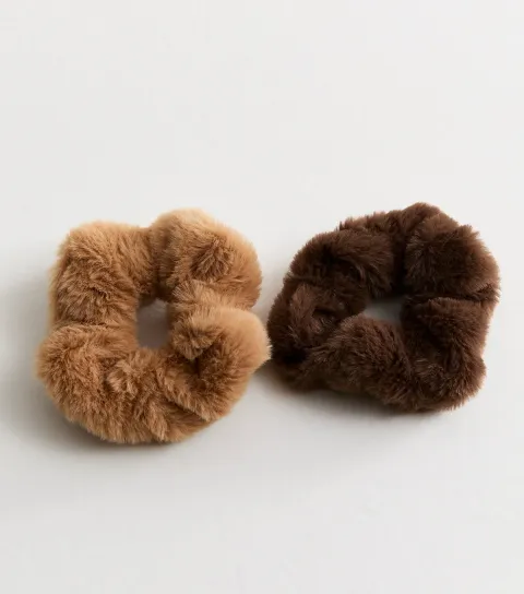 Pack Of 2 Brown Faux Fur Scrunchie