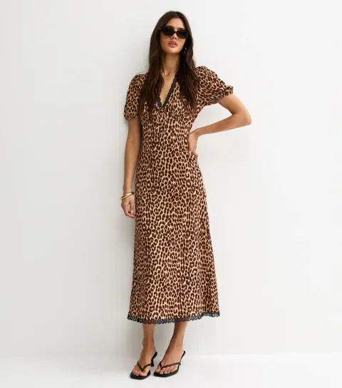 Women's Brown Animal Print Lace Trim Midi Dress