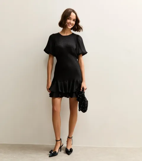 Women's Black Jaquard Feather Pattern Mini Dress