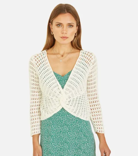 Women's Ivory Open Knit Knotted Top
