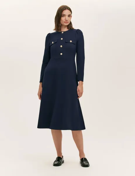 Finery London Ponte Jersey Button Front Midi Dress Navy