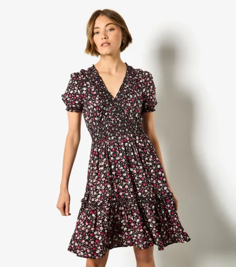 Women's Pink Floral Print Tiered Skirt Mini Dress