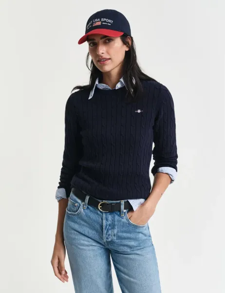 Gant Cotton Rich Cable Knit Crew Neck Jumper Navy
