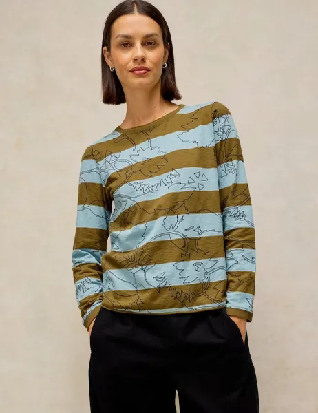 White Stuff Pure Cotton Striped Floral Crew Neck Top Blue Mix