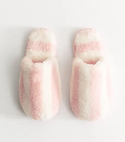 Women's Pink Faux Fur Striped Slippers