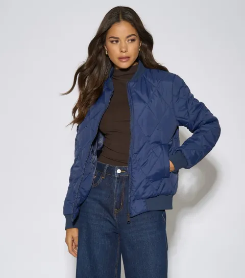 Gini London Women's Navy Diamond Quilted Puffer Bomber Jacket