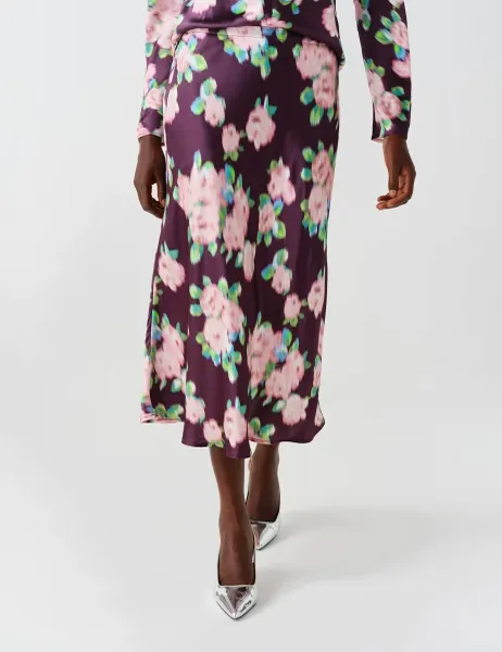 Ghost Satin Floral Midi Slip Skirt Purple Mix