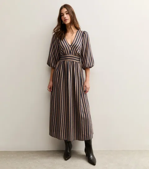 Women's Brown Striped V-Neck Puff Sleeve Midi Dress