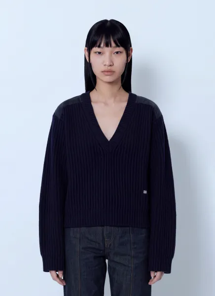 GANNI Wool Melange Rib Stripe V Neck