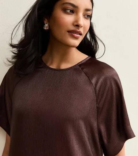 Women's Burgundy Textured Satin Crew Neck Top