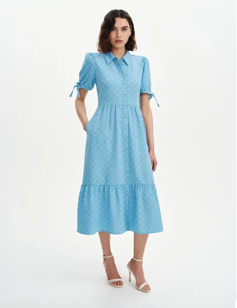 Finery London Printed Midi Tiered Shirt Dress Blue Mix