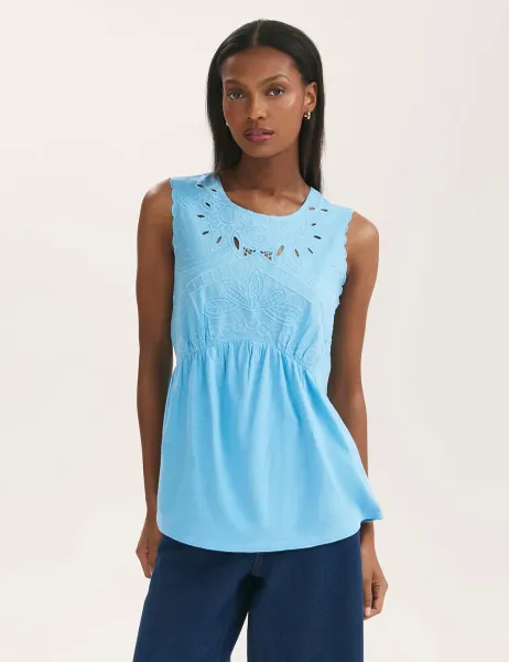 Finery London Jersey Broderie Embroidered Waisted Top Light Blue