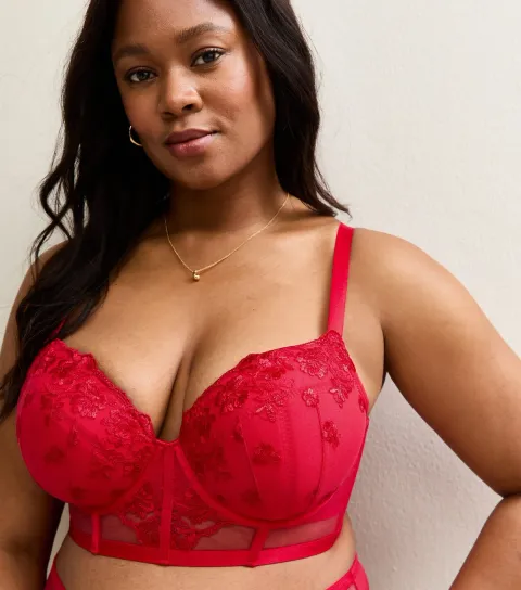 New Look Women's Plus Size Red Floral Embroidered Lace Plunge Bra Curves