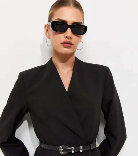 Women's Black Collarless Belted Blazer