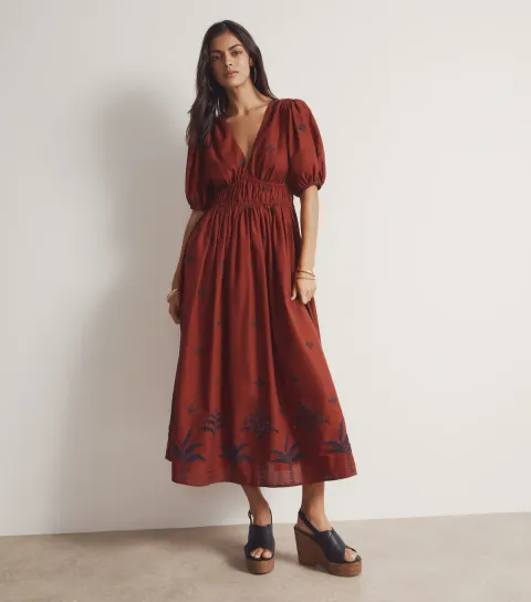 Women's Rust Palm Embroidered Midi Dress